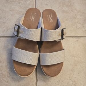 TOMS Natural Canvas Double-Strap Slide Sandals with Buckles